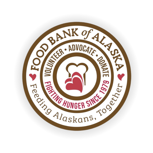Food Bank of Alaska circlular sticker with the words Advocate, Volunteer, Donate, Fighting Hunger sine 1979 and Feeding Alaskans Together. Food banks brand mark of a piece of bread and tilted heart are in the center.